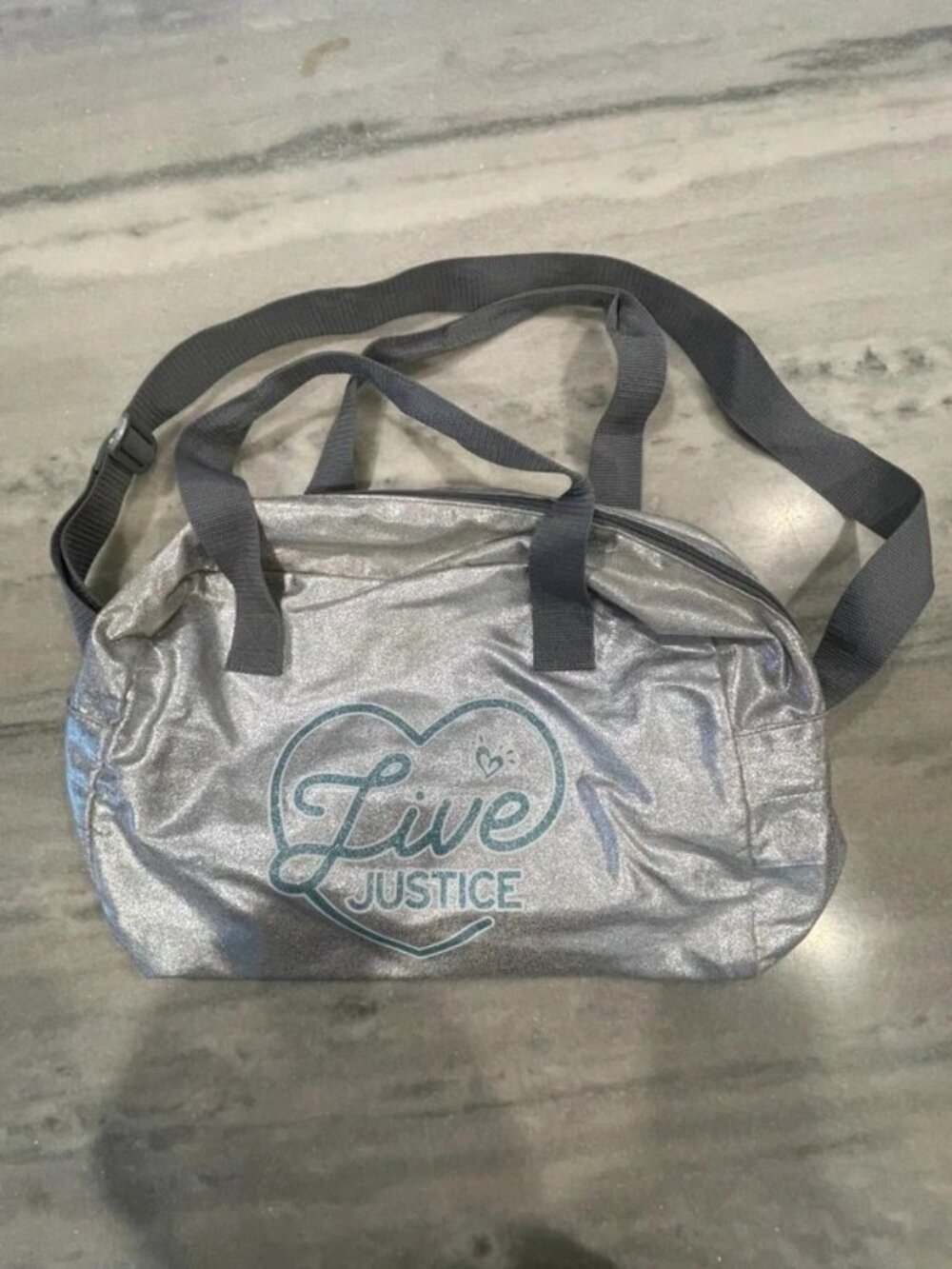 Justice Silver Duffel Tote Bag Gymnastics Dance Cheer Girl